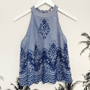 Rebellion Embroidered Halter High Neck Tank Top Blouse Blue White Stripes